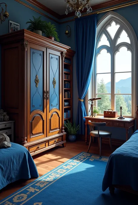 Giant empty closet. very chic. made of wood. Blue details that remind us of Ravenclaw.
Ravenclaw Dormitory. Only with two beds. No people. Telescope in the window. Beautiful view from the window. Dark blue curtains. Blue carpet. Madeira. blue details. Stud...