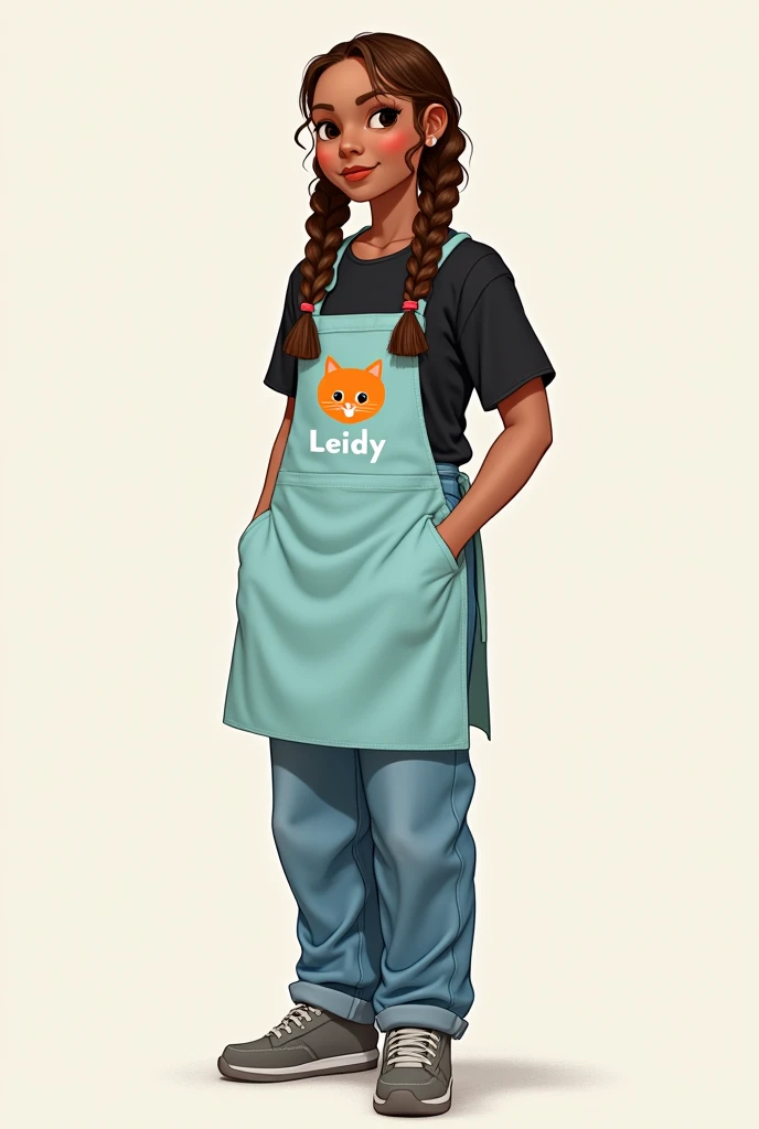 Hair: Two braids from the roots in brown color (Brown) hanging on the sides of the head. 
Clothes: t-shirt: black, adjusted. Jean: sky blue, casual cut. shoes: color gris, comfortable or casual style. 
chuck: The light blue apron with a drawing of an orang...