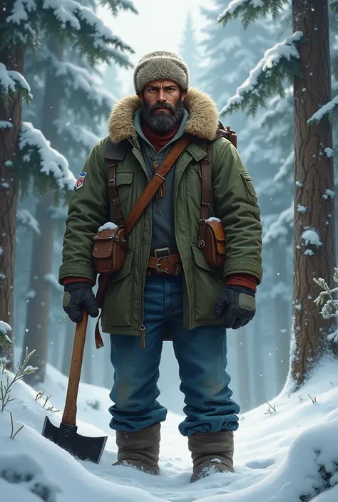 Young brown lumberjack, usando ushanka, wearing a green winter jacket, Blue jeans, with a black axe