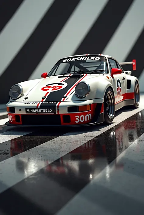 Write 5 detailed prompts (no more than 50 words) composed according to the rules - describing any topic, subject, action. Neural network: create a Porsche 963 lmdh livery based on Clube Atletico Mineiro Galo. Query topic: stripes based on club uniform colo...