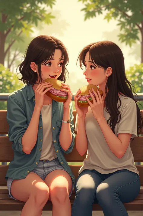 Girl eating an ham sandwixh with her girlfriend
