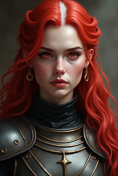 realistic portrait of one 2 woman, bastard of viserys i targaryen. has red, fluffy hair with a strand of white hair in the middle. wears a valyrian steel armor, and has red eyes with a witty and mischievous expression. she’s the rider of canibal, dragon fr...