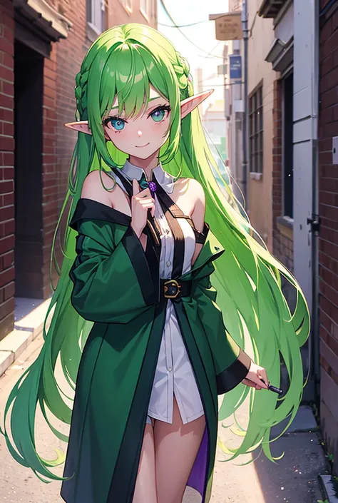 1 girl, Long hair, Detail, green hair, Violet eyes, elf ears, light smile, in 1 old alley, Knife in 1 hand