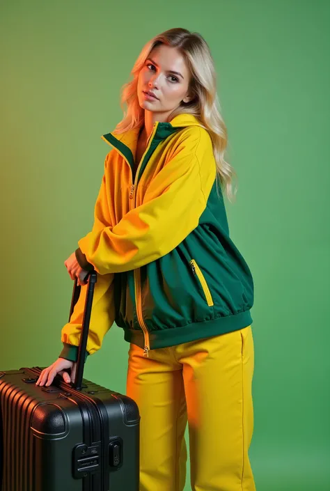 blonde young woman in yellow and green jacket posing with a suitcase, wearing tracksuit, black and yellow track suit, wearing a sweatshirt, Wearing a yellow sweatshirt, with yellow cloths, track suit, wearing a track suit, sports jacket, sportswear, yellow...