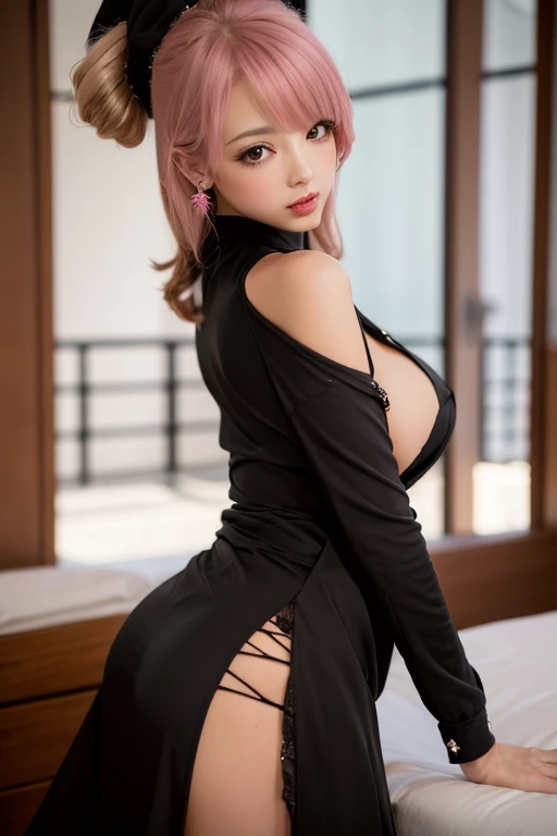 ,best quality,masterpiece,very detailed cg,big boobs,black and pink fitted dress,