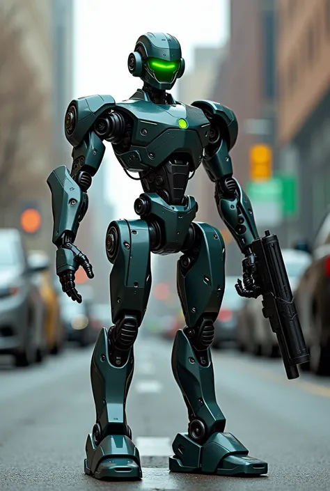 WHITE, GREEN EYED, GUN COMING OUT OF HIS HAND, NORMAL SIZE, CHEVROLET CAR TURNS INTO, A FRIENDLY ROBOT TALL 