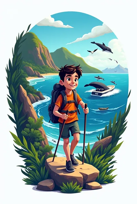 Create a logo of a character with a backpack hiking near the sea on an island with dolphins and birds and a whale with a speedboat Fernando de Noronha