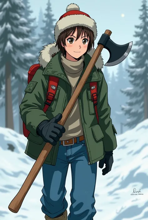 20 year old brown youth, using Russian ushanka, wearing a green winter jacket, Blue jeans, with a black axe, arte anime 90s style