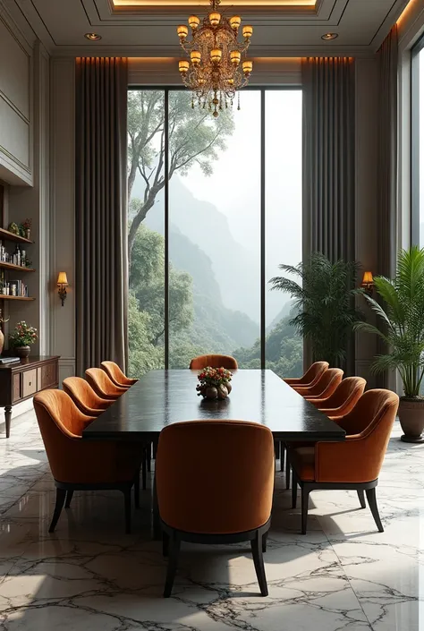 Create the image of a spacious and luxurious dining room, with marble, in dark gray colors, brown and gold and with a very large window overlooking a rainforest with cloudy weather 