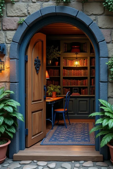 entrance to a room. wood door. Shelf with book. plants. Lazy vintage. Entrance to a Ravenclaw room. blue details