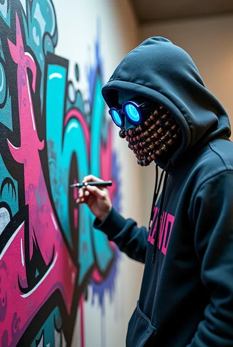 Hombre artista de Graffiti,with a mask of fat tubes in front,Blue led glasses,sweatshirt and hood, 3D,Epic art, large format,Graffiti "Lnd"