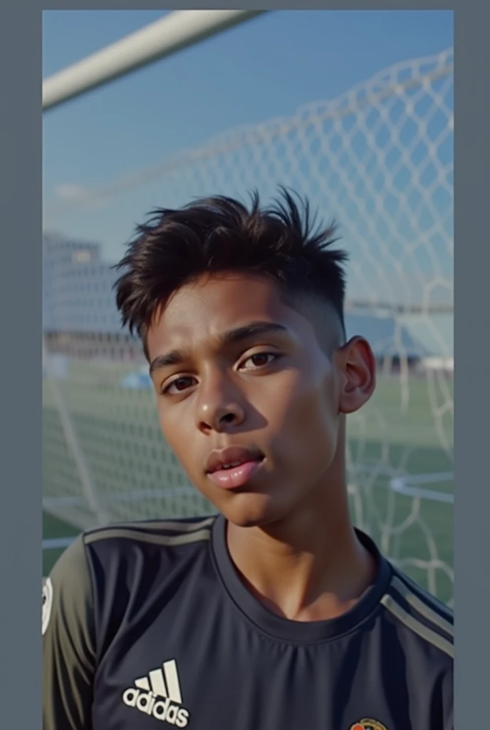 Stunning Rogerinho ,  offwhite,and is Brazilian, short dark brown hair, and he doesn&#39;t have a beard, and has the face of a child around 8 or , and he is a Real Madrid player, photo in 8k, in action, cinematic.kicking the ball into the goal