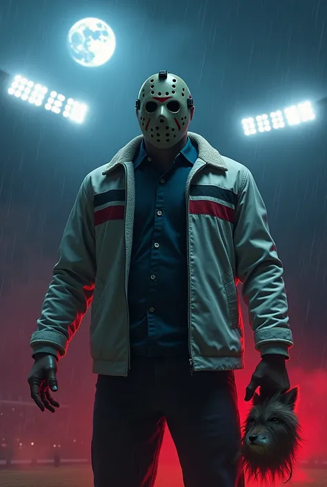 Jason Voorhees wearing a white jacket with black and red stripes across the chest, with a dead fox in his hand, and the fox&#39;s head in the other hand, blue stadium with floodlights, near Jason red smoke rainy night with moon