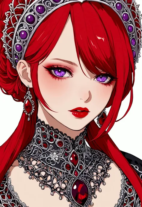 with blood red hair and violet eyes and she is beautiful