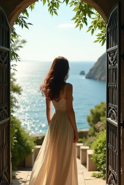 La photo dune femme de dos en robe de mousseline de soie beige . Dans un jardin.Des cheveux châtains clairs mi long. face à la mer .descendants des marches de pierre qui plonge dans la mer . Elle ouvre un immense portail de fer forgé sculpté. Panoramique 