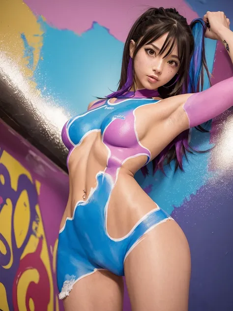 coquettish girl , loose body , euphoria , bold action , sloppy gym uniform watercolor bodypaint , melting paint of watercolor bodypaint , (in gym) , Surrounded by photographers , Anime heroines pose , hairy pubic hair