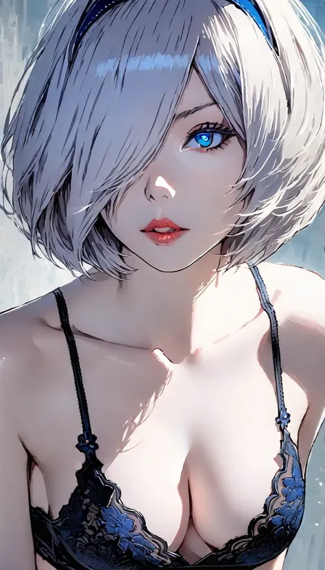 {(masterpiece,best quality, 16K portrait, UHD, extremely detailed the work, detailed beautiful face and eyes and skin and hair)} 
BREAK {(ultra realistic photo graphic style)} 
BREAK {solo,(2B of Nier-Automa:1.2), (pale-off-silver colored hair, short cut h...