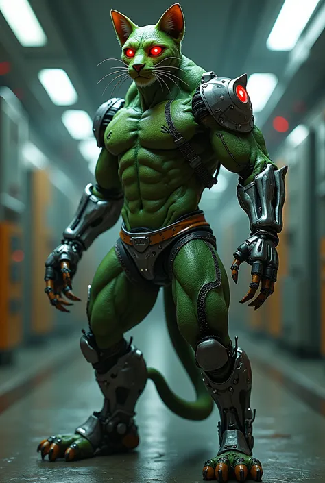 A hybrid cat-orc with robotic enhancements, featuring green, leathery skin and muscular build, paired with sleek metallic body parts. The cat has a robotic tail, bionic legs, and glowing red cybernetic eyes. The scene is a dystopian lab where the creature ...