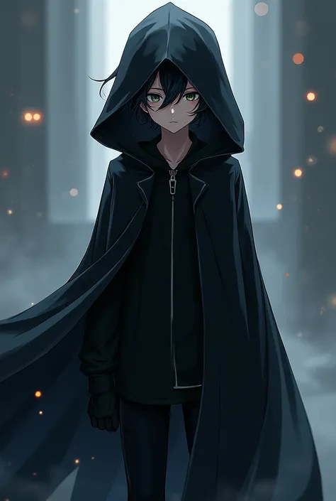 ((quality)), ((art)), ((best)), ((Anime)), ((detailed)), 1 ((boy)), wears a ((black coat)), with ((long sleeves)), in a very ((cool)) style, and with a ((long cape)), that almost reaches the ((floor)), and a ((hood)), to cover his ((head)),