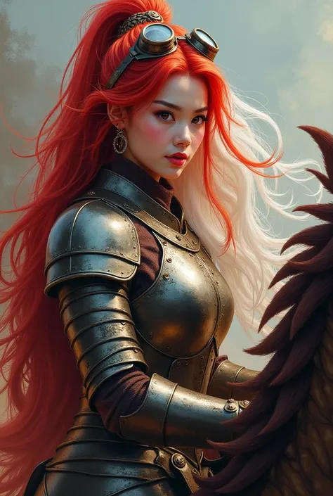 high-fantasy painted portrait of one 2 asian woman, bastard of viserys i targaryen. has red, fluffy hair with a strand of white hair at the side. wears a valyrian steel armor, and has red-pink eyes with a witty and mischievous expression. she has a good-me...