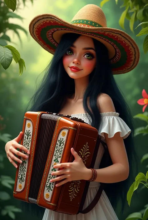 Woman with long straight black hair wearing a Colombian hat and playing the accordion