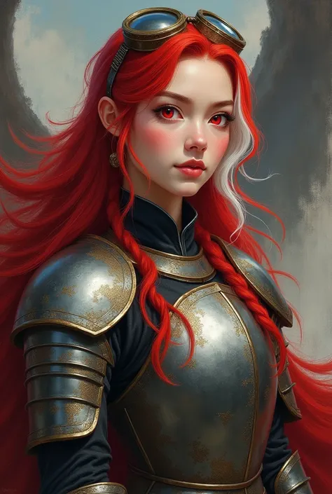 high-fantasy painted portrait of one 2 asian woman, bastard of viserys i targaryen. has red, fluffy hair with a strand of white hair at the side. wears a valyrian steel armor, and has red-pink eyes with a witty and mischievous expression. she has a good-me...