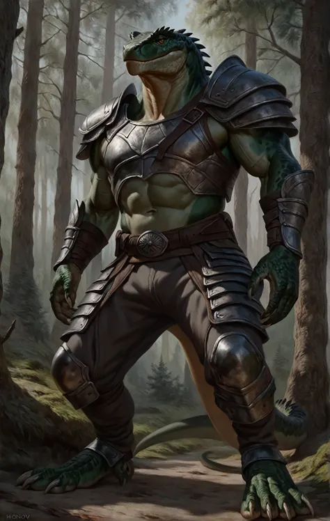 realistic muscular lizardfolk, wearing pants, mercenary, masculine,  plantigrade, dark green body, black belly, armor, forest background, (best quality,4k,8k,highres,masterpiece:1.2),ultra-detailed,(realistic,photorealistic,photo-realistic:1.37),by laobai,...