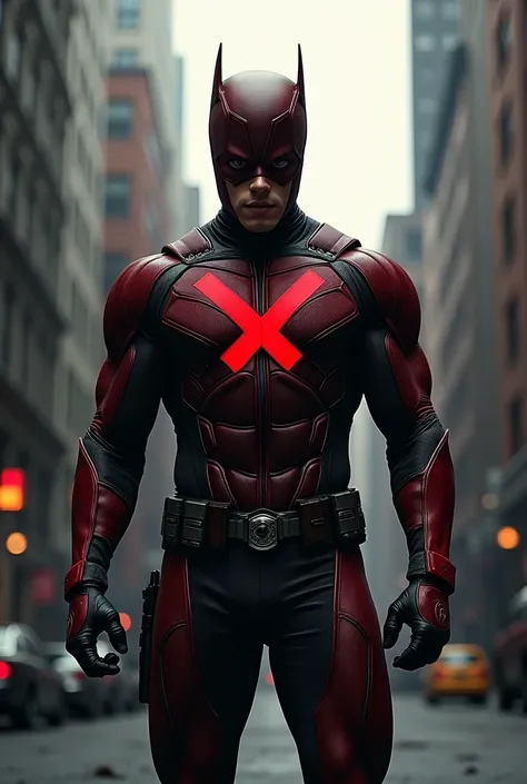 Superhero in red and black suit with letter X in logo