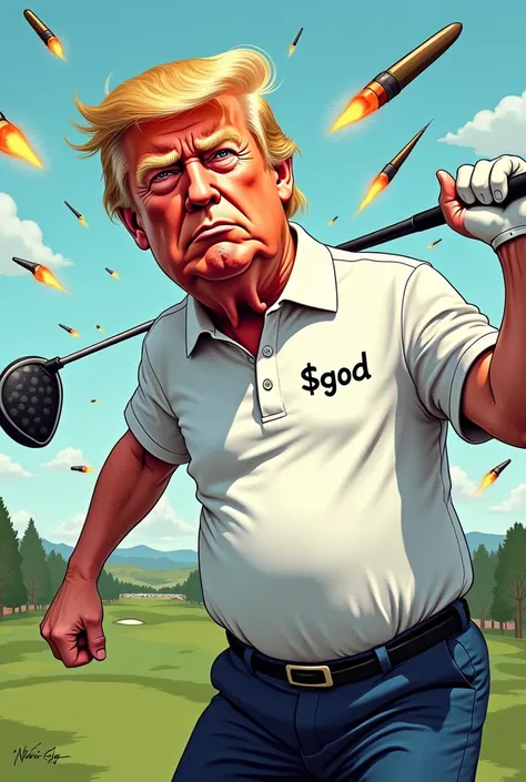 Donald Trump golfing with his fist up while bullets flying over his head comic style. Wearing a white polo with the words saying $GOD