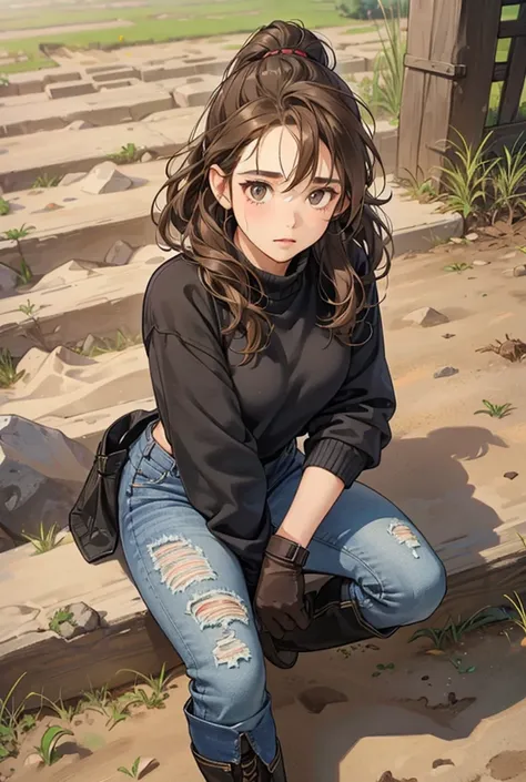 1 girl, Tired, brown hair, gray eyes, curly hair, low ponytail, Handkerchief, digs potatoes, potato field, gloves, Dirty jeans, black sweater, boots, face in the dirt