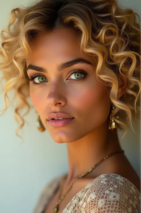 Femme maghrébine avec des yeux verts perçants, teint de peau bronzé lumineux, et cheveux bouclés blonds. Elle a un look élégant mais naturel, portant une tenue moderne qui reflète subtilement ses racines culturelles. Ses boucles dorées encadrent son visage...