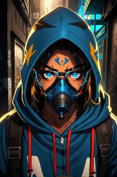 A graffiti street artist wearing a gas mask with 2 tubes ., Blue led glasses, hoodie, 3D, Epic art, large format, earth-toned Graffiti, detailed facial features, tanned skin, intense look, dynamic pose, urban surroundings, Dirty textures, vibrant colors, d...