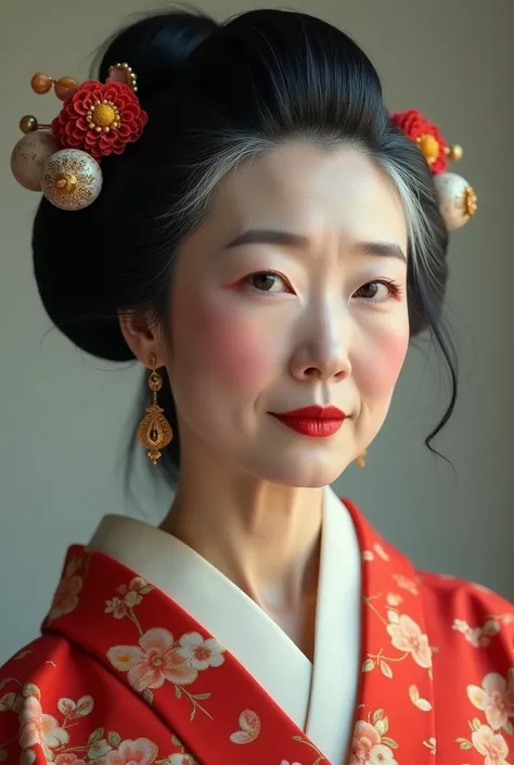 Oiran、6０age、High nose、 Discreet mouth、Red lipstick、Egg-shaped contour、composition、Golden Ratio、Functional、grace、Flowing Hair、Traditional Kimono、effect、Delicate facial features、8k, RAW photo, highest quality, masterpiece,realistic, photorealistic、smile