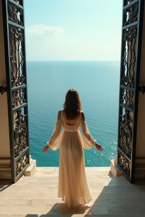 La photo dune femme de dos en robe de mousseline de soie beige .  Vue de dessus. Des cheveux châtains clairs mi long. face à la mer .au sommet des marches de pierre qui plonge dans la mer . Elle ouvre avec ses deux mains sur le portes du portail gigantesqu...