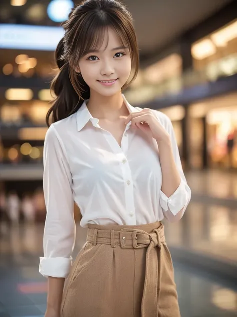 Cowboy Shot, View your viewers, (Early Autumn Shopping Date), (8k, RAW Photos, Best Quality, masterpiece:1.2), (Realistic, Photorealistic:1.4), (Dressy and feminine clothing:1.1), (Brightly colored clothing:1.1), (Open shirt), Japanese female university st...