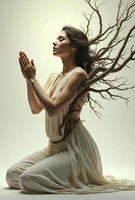 Woman on her knees praying facing forward,  with arms outstretched, Branches grow from her belly to her arms, but she is not pregnant 