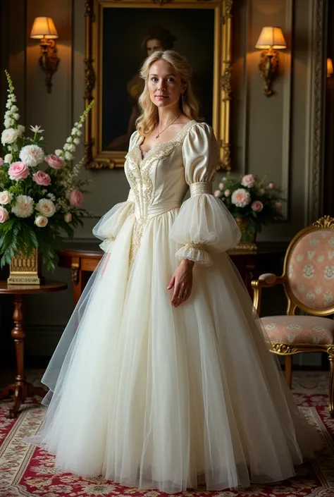 full body shot, a middle aged Victorian noblewoman, straight back, she wears an elegant silk flowing blouse with a huge white tulle dress raised, gold shoes, blond hair in waves. exquisite antiques and paintings, very ornate architecture, ornate furniture....