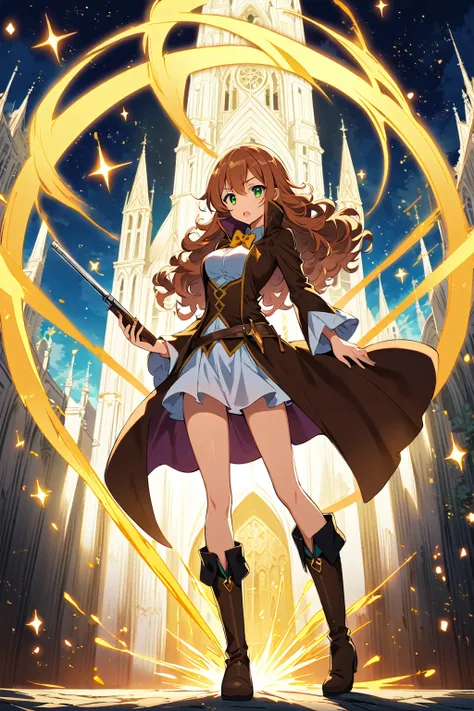 1 female ,Brown medium length curly hair, green eyes, Thin legs  ,adult woman, witch style fantasy uniform, musket, boots, magic girl, Make it like tarot anime style but without the frame, sharp eyes, Golden energy, Golden particles, cathedral,straight hai...