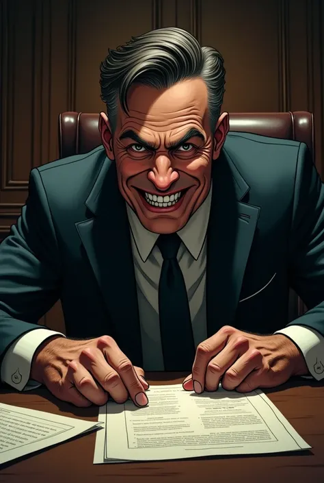 Create an image of a man with an ugly smile trying to close a deal