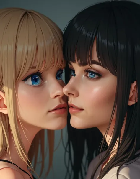 Close-up of the faces of two girls where one is naturally blonde with straight hair and blue eyes is licking the face of another girl who has long straight black hair with bangs and green eyes. Detailed faces with light and HDR effect. Detail on faces and ...