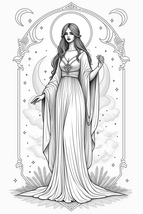 Generate an illustration of the High Priestess tarot card in a style similar to that of artist Nina Hunter, only with simple lines and delicate contours, without fill and colors, in vector strokes, in black and white, with mystical elements around, with de...