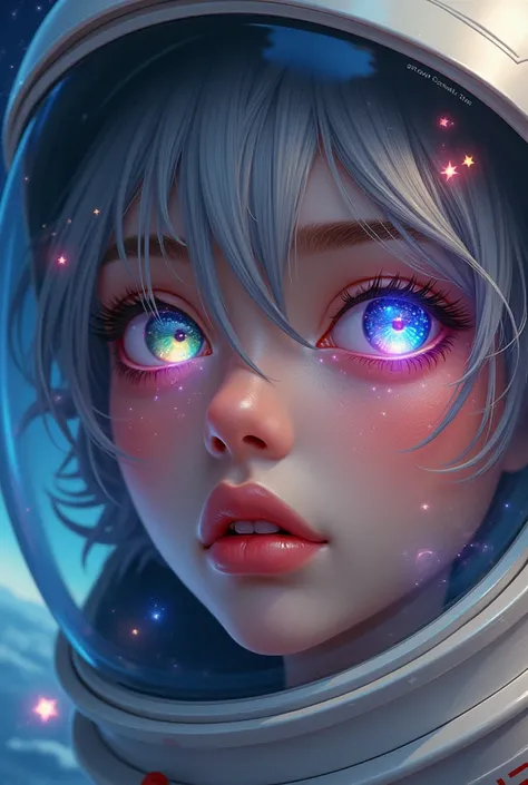 close-up of an improved masterpiece:1.5)0.9], (space and astronauts:1.2) (messy silver hair:1.1) (heterochromia: xanthochromia and blue eyes:1.2) (space helmet:1.0) (colourful stars in the eyes:1.0) (a radiant glow:1.1) (thick lips:0.9)