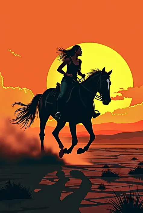 illustration sunset old west silhouette woman riding with speed barren ground