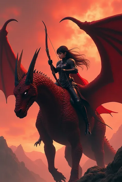 (photorealism:1.2), a black haired girl, black eyes, with black armor and a bow on a red dragon, large and two-horned 