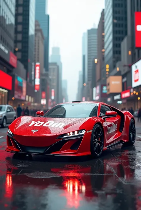 A red and white YouTube brand sports car