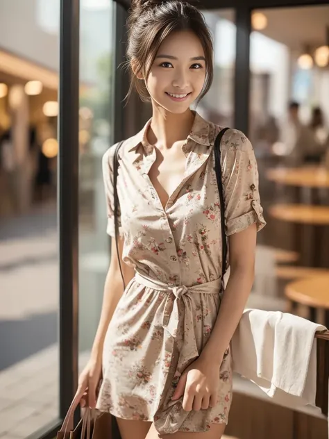 Cowboy Shot, View your viewers, (Early Autumn Shopping Date), (8k, RAW Photos, Best Quality, masterpiece:1.2), (Realistic, Photorealistic:1.4), (Dressy and feminine clothing:1.1), (Floral clothing:1.1), (Open shirt), Japanese female university student, (On...