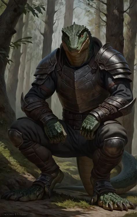 realistic muscular lizardfolk, wearing pants, mercenary, masculine,  plantigrade, dark green body, black belly, armor, forest ba...