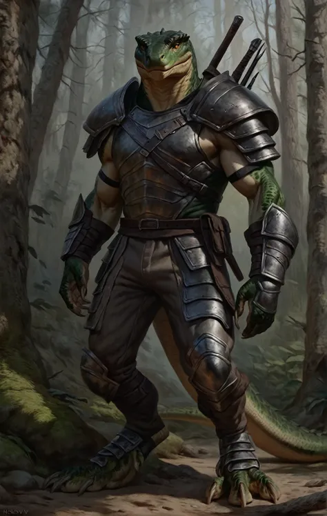 realistic muscular lizardfolk, wearing pants, mercenary, masculine,  plantigrade, dark green body, black belly, armor, forest ba...