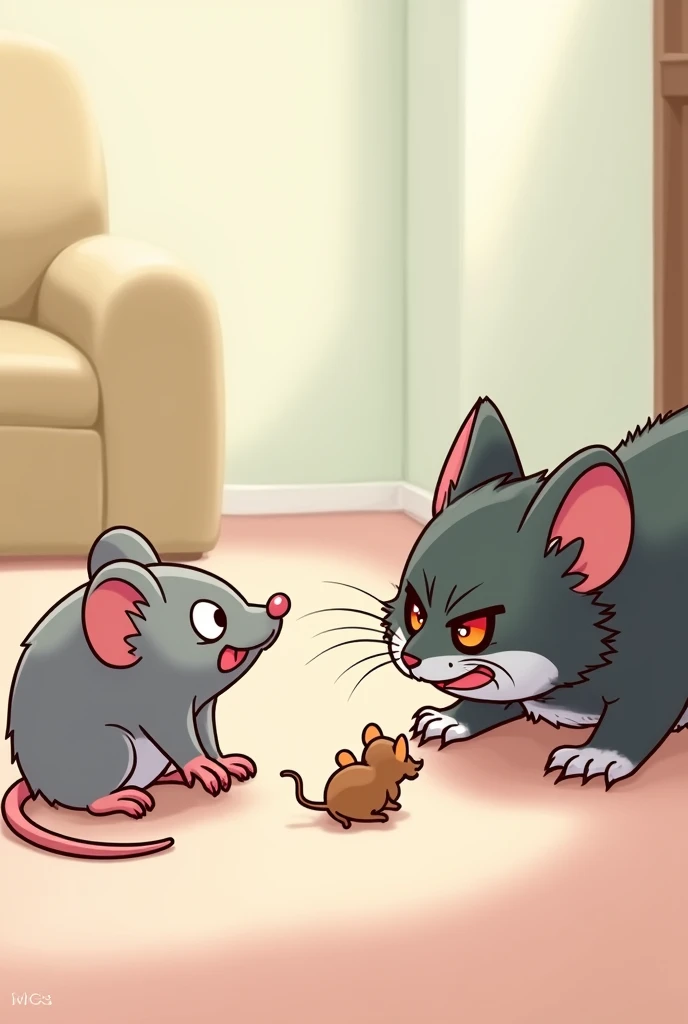 a rat that teases a mouse, a cat that looks angry, a cat that tries to catch a mouse. Only one cat with one mouse, cute anime drawing