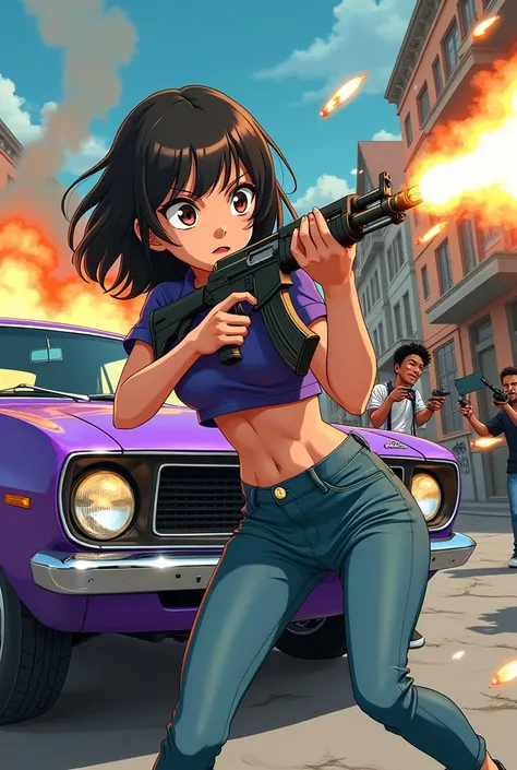 Anime Art Style Cartoony. Anime girl with an ak47 firing at thugs trying to steal her money. This is a shoot out on a street. Her car is a purple 1970s muscle car